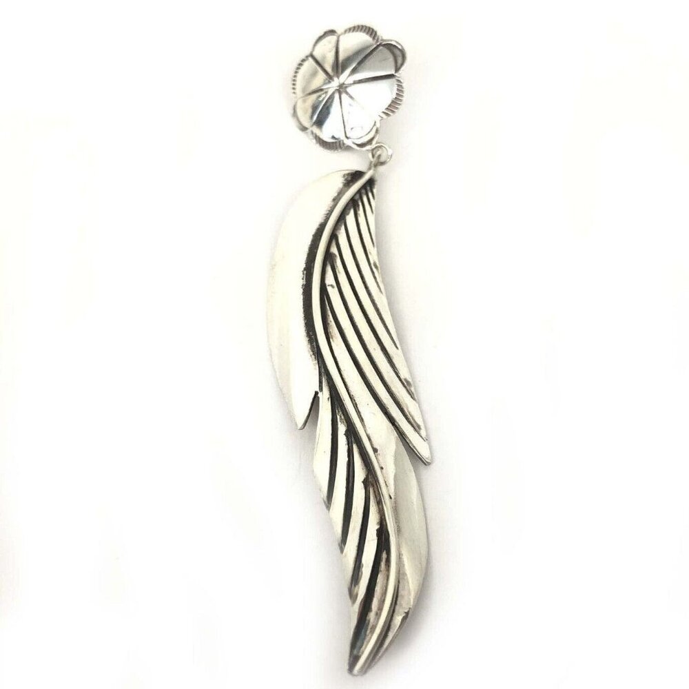 Southwestern Concho Feather Drop Dangle Sterling Single Earring Estate 3 5/8"
